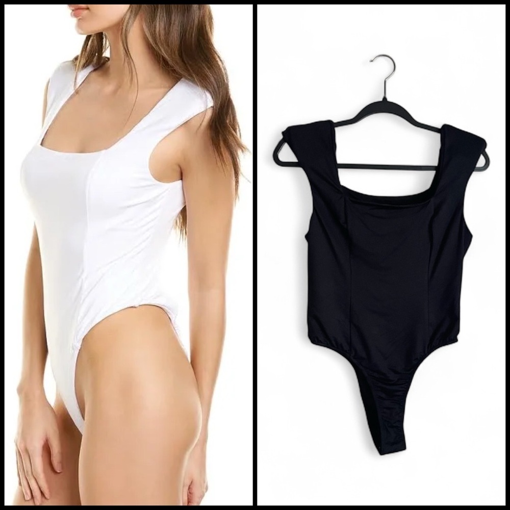 Grey Lab Women's Square Neck Padded Cap Sleeve Bodysuit S Black NEW